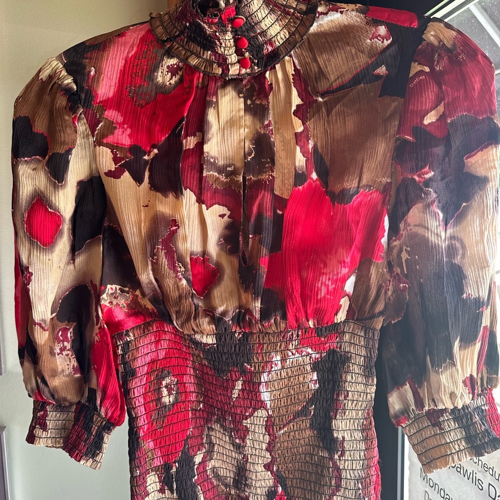 Bebe Smocked Blouse with Mandarin Collar